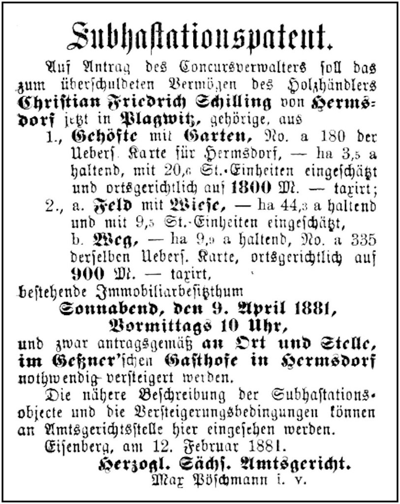 1881-03-04 Hdf Zwangsvollstreckung Schilling